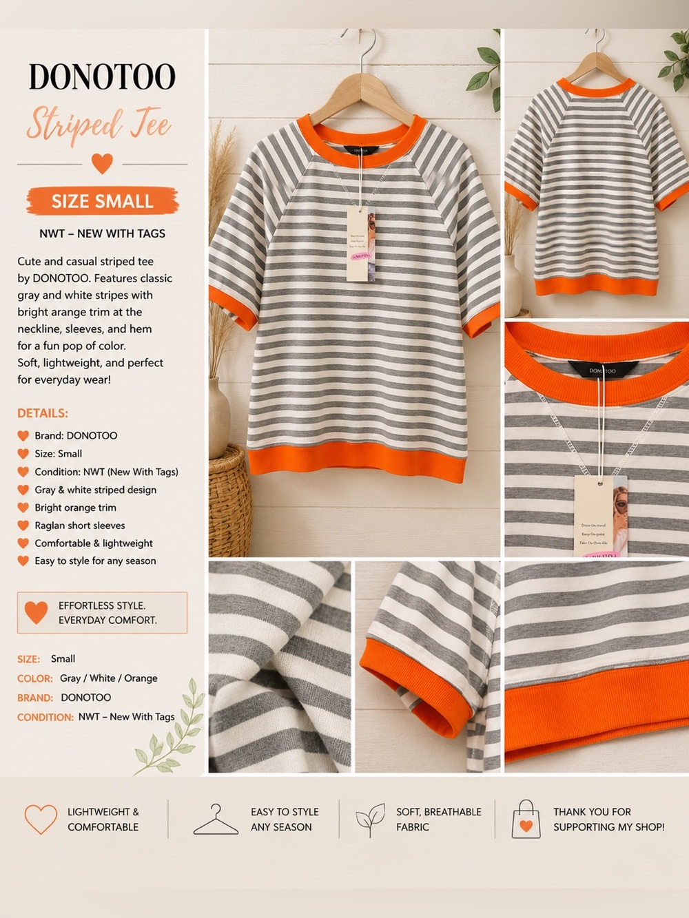 DONO TOO Striped Tee Short Sleeve Gray & Orange Small NWT
